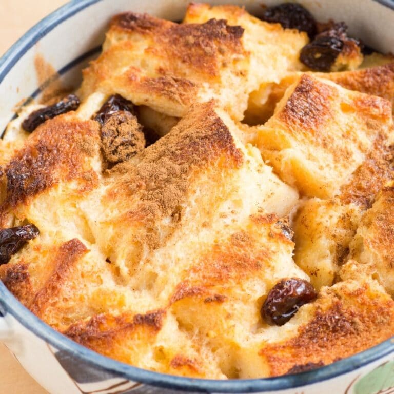 Square image of bread pudding.