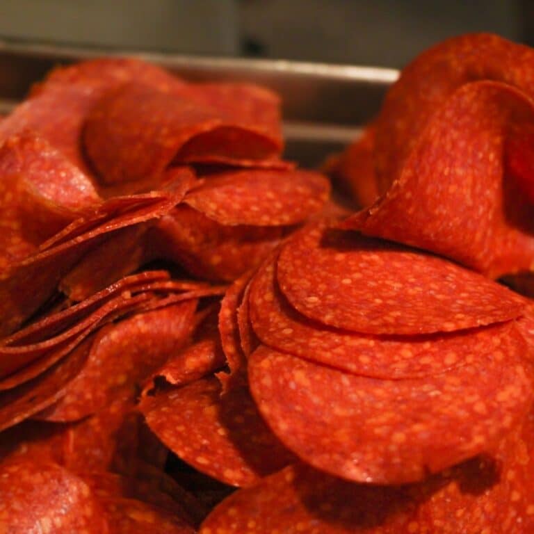 Square image of pepperoni.