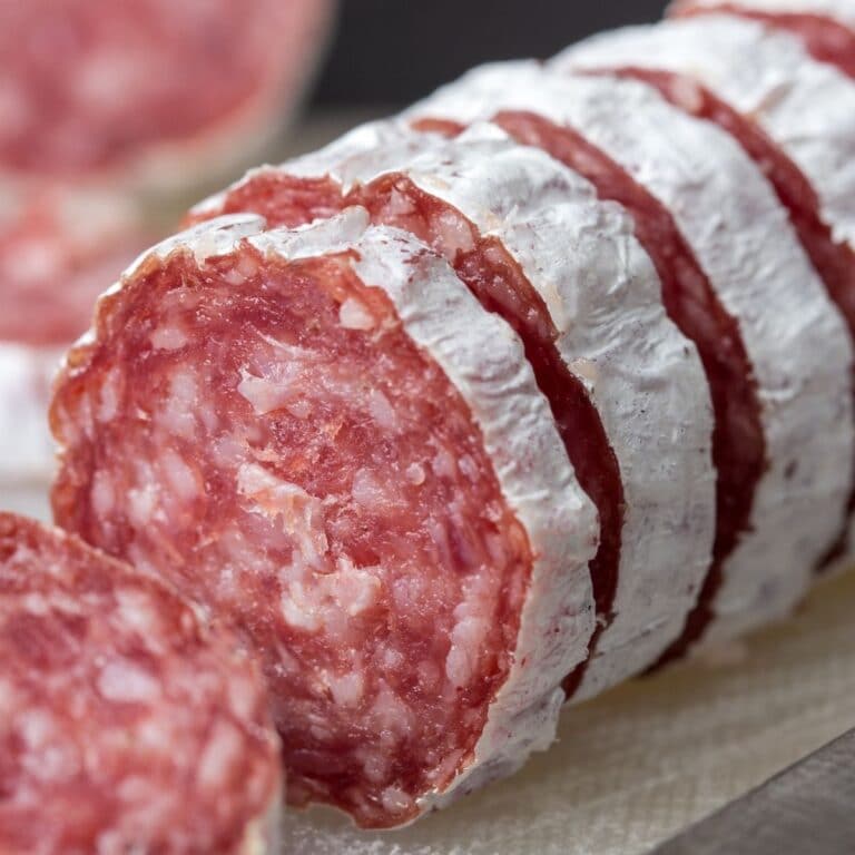 Square image of sliced hard salami.